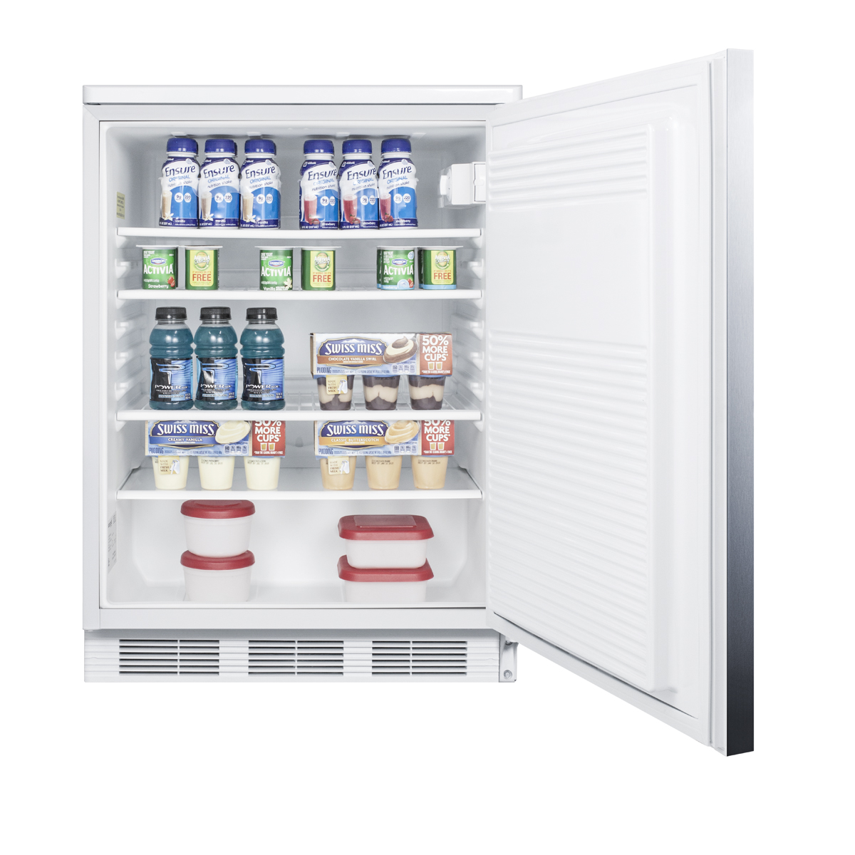 Commercially listed freestanding all-refrigerator for general purpose use, auto defrost w/lock, SS wrapped door, horizontal handle, and white cabinet